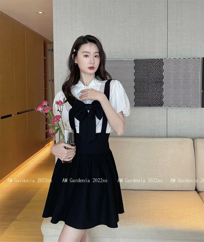 [am Gardenia] casual simple button up bubble sleeve shirt + sweet cool thin loose strap skirt set 3606\jj