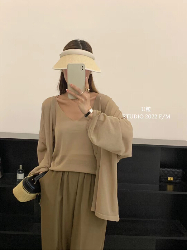 [U grain] basic versatile ice silk sling + casual loose knit cardigan suit 33035\hbx