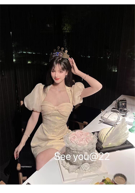 [see you] sweet waist bowknot bubble sleeve dress 2003\pcz