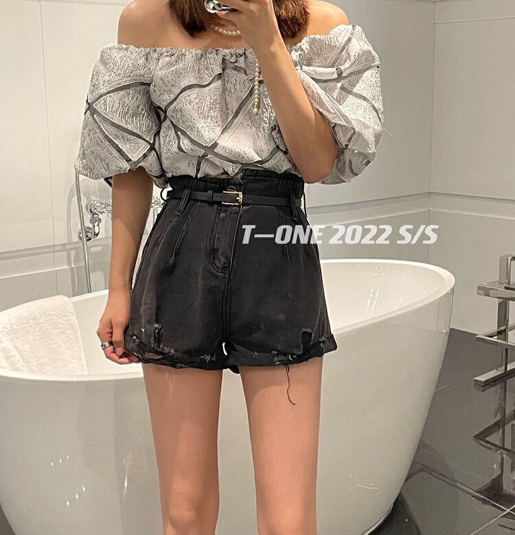 [t one] Korean skinny western style denim shorts (with belt) 9177\lsl