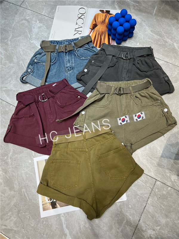 [Han Xier] Korean version of simple and slim rolled denim shorts (with belt) 2317\hbx