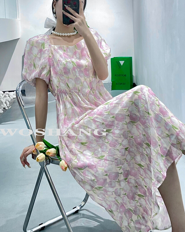 [woshang] square neck bubble sleeve fashion dress 1317\xyj