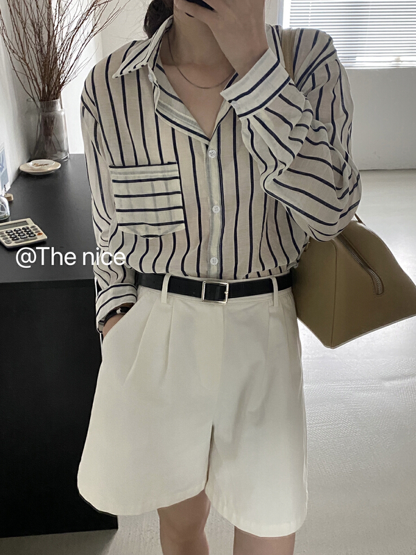[the nice] Korean single pocket stripe versatile sunscreen shirt a8001\hjy