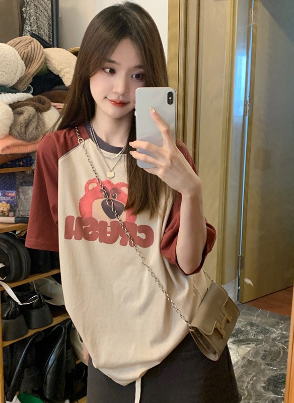 [w+] cartoon color blocking loose short sleeve T-shirt 6007\wtt