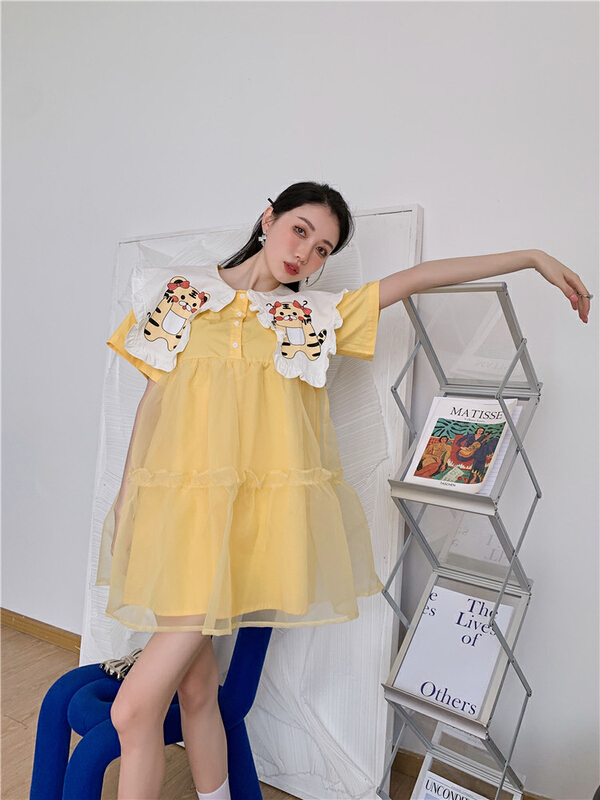 [AC] little tiger printed Organza patchwork dress 7070\jj