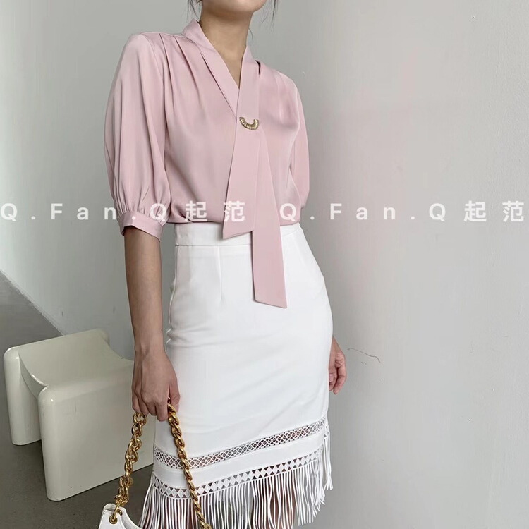 [style] temperament ribbon Satin pullover shirt f6953\jhy