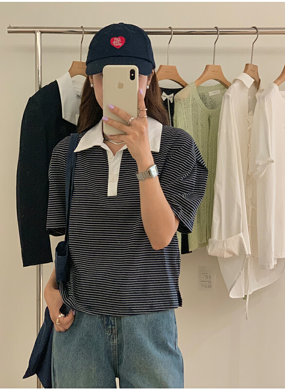 [the mind] ins Korean Polo neck stripe short sleeve T-shirt 60510\jhy