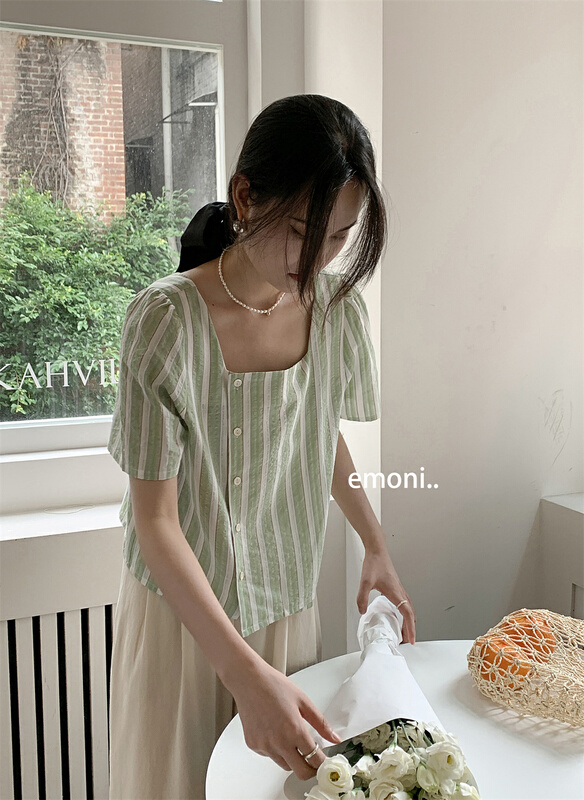 [emoni] Korean simple square neck striped shirt ys1-10993\cls