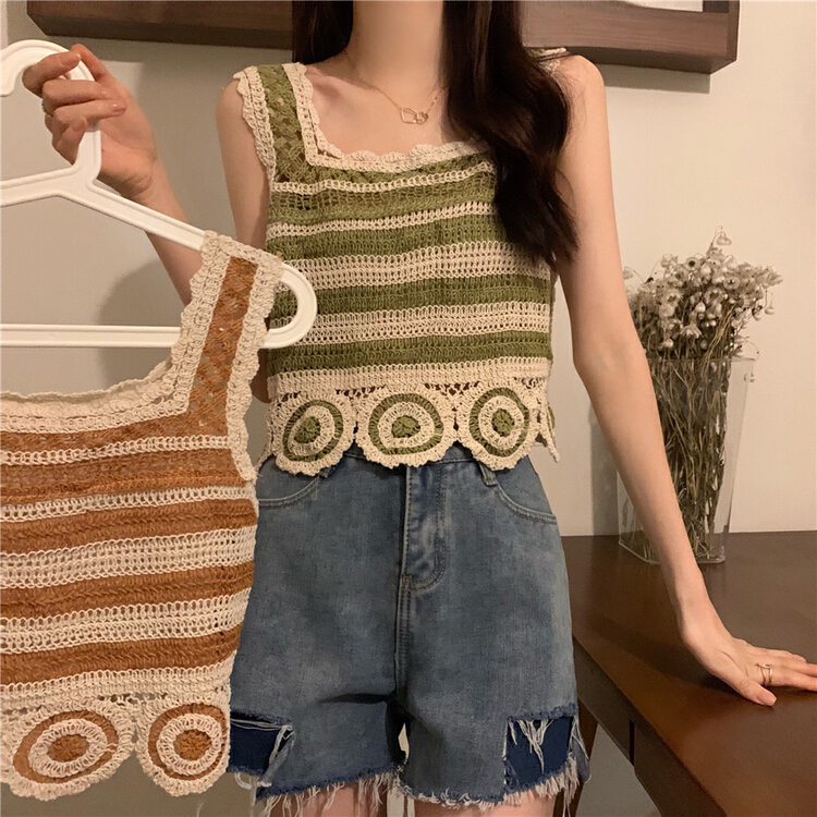 [f · P] Korean striped hook flower short vest / sling c542-1\hbx