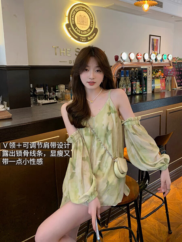 [Amanda] sweet ink print detachable off shoulder shirt 9665\pcz