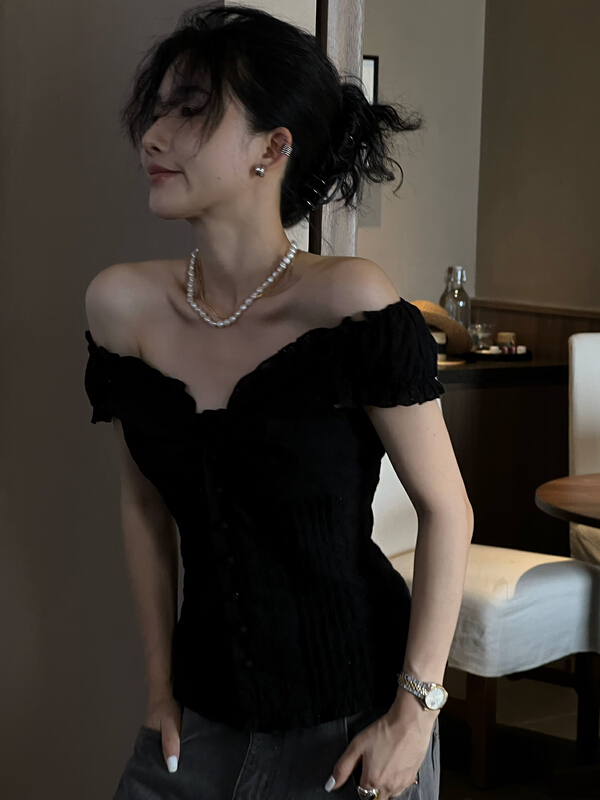 [all in] retro embroidered one line neck slim fitting short shirt 4291\ozq