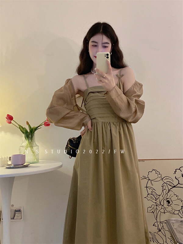 [N.S] temperament crimping waist slimming suspender skirt + simple short sunscreen shirt set 7511\wpl