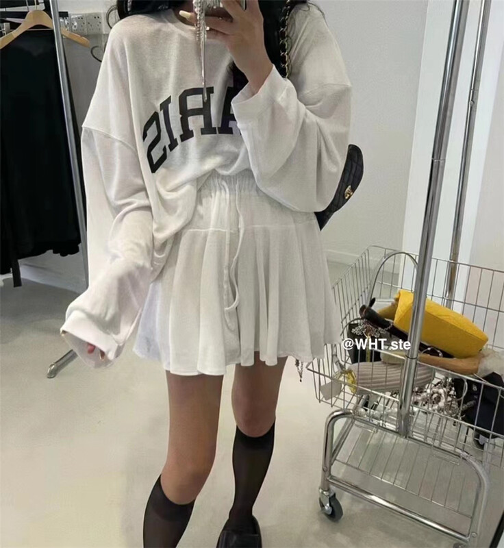 [wht] letter printed long sleeve T-shirt + high waist versatile Shorts Set 5138\wtt