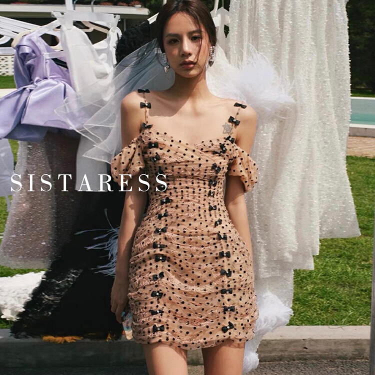 [Sistar] bowknot Polka Dot flocking yarn Pleated Dress 9250\jj