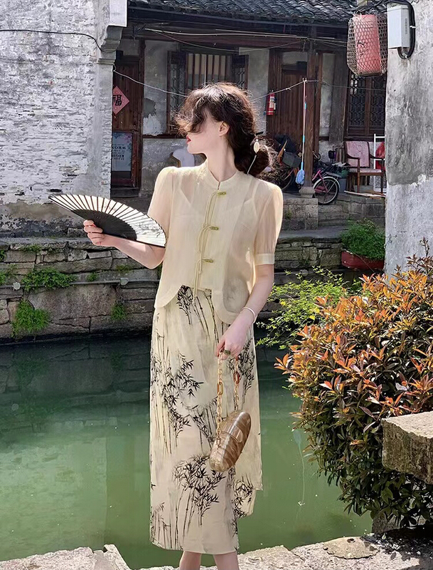 [hee] Chinese button retro Top + printed semi skirt set h5511\wpl
