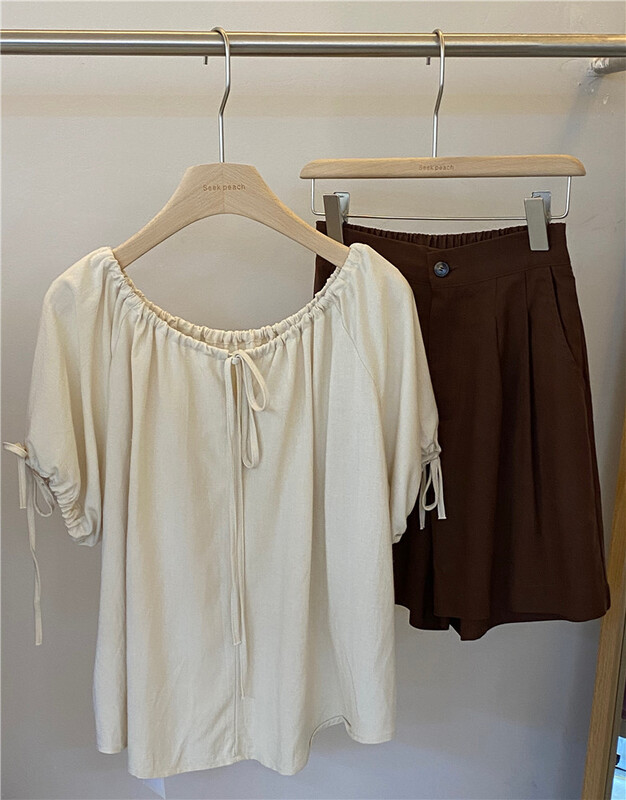 [seek peach] off shoulder solid color versatile shirt 5565\ll