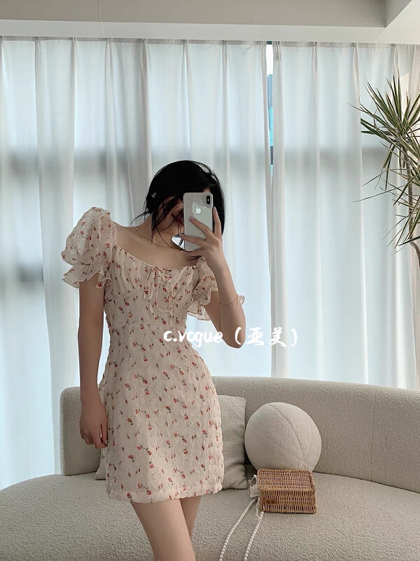 [c.vogue] French gentle Korean high waist thin wrinkled floral dress (dress only) 5806\pcz