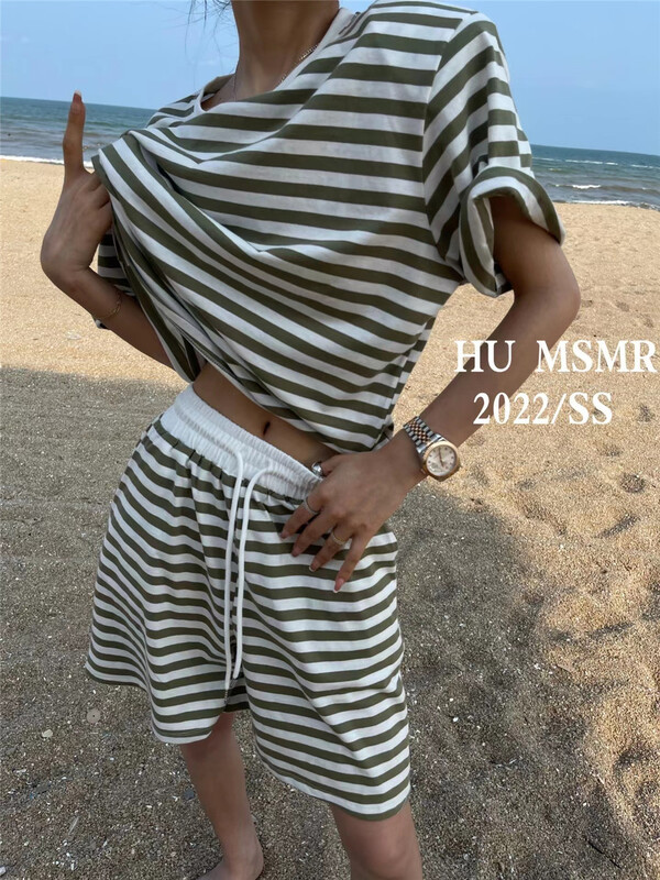[Hu] leisure simple stripe short sleeve + versatile basic comfortable stripe leisure short suit 8069\ozq