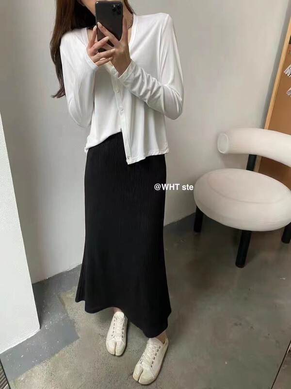 [wht] simple solid color medium length skirt ys1-6016\wtt