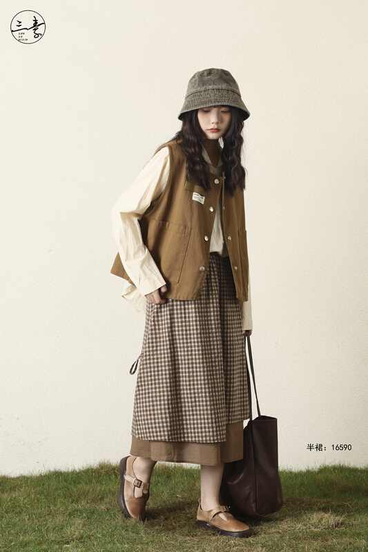 Original price 73.72! [original three element clothes] simple temperament leisure lattice fake two piece skirt f16590\fhx