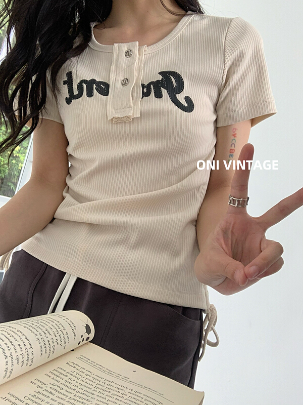 [onivinage oni] knitted pit stripe drawcord print slim fitting short sleeve T-shirt ol224t5705