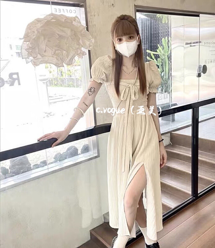 [c.vogue] French soft elastic waist band split dress 3982\pcz