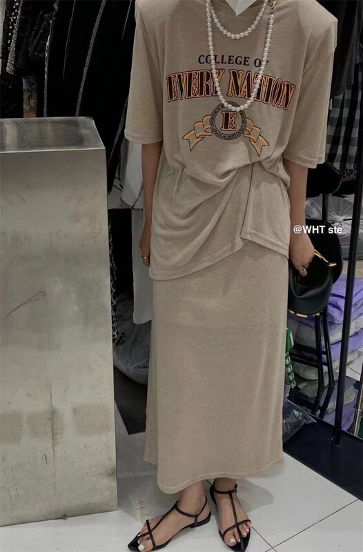 [wht] round neck short sleeve T-shirt + medium length skirt two piece set 6007\wtt