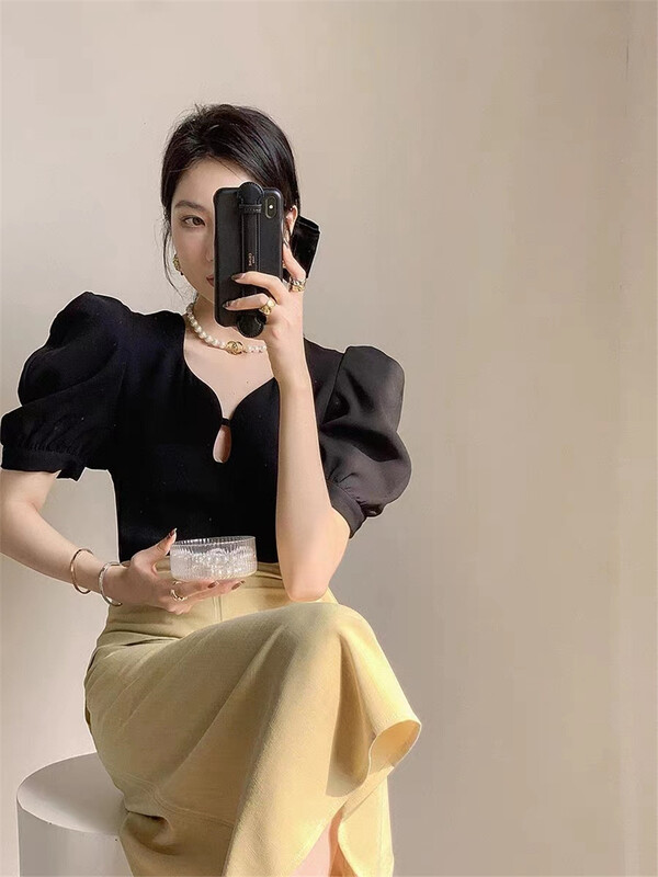 [Linna] simple solid color bubble sleeve shirt ys1-6922\jj