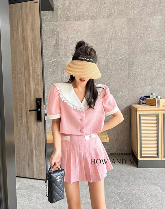 [how and me] stitching fashion design sense retro short coat + slim fragrance skirt suit 7216\lsl