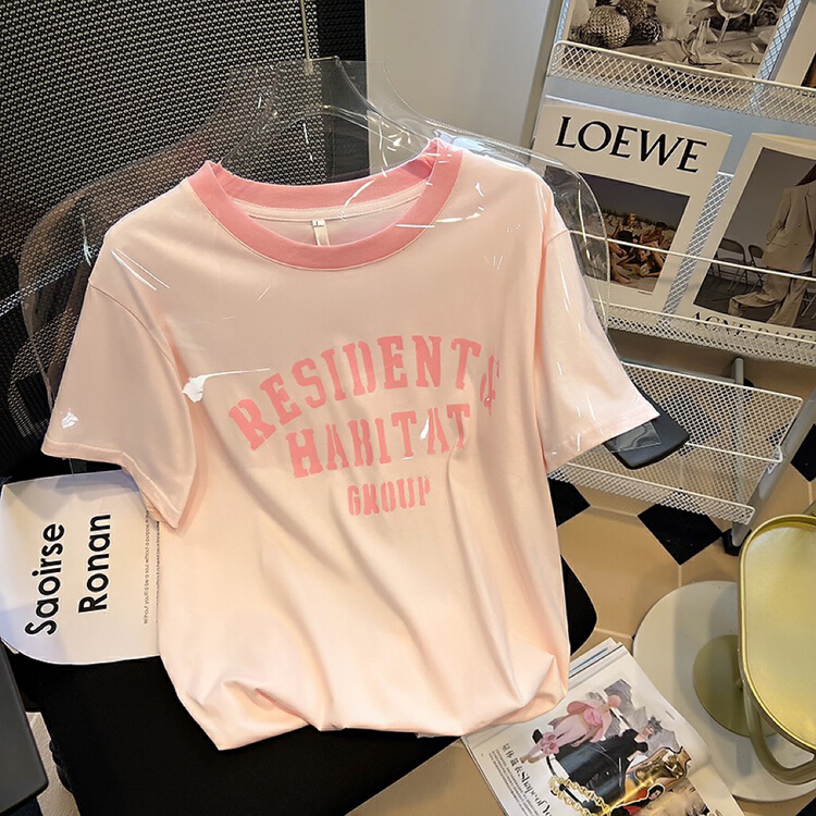 [x · h studio] retro contrast round neck lettered printed loose short sleeve T-shirt 5103\ozq