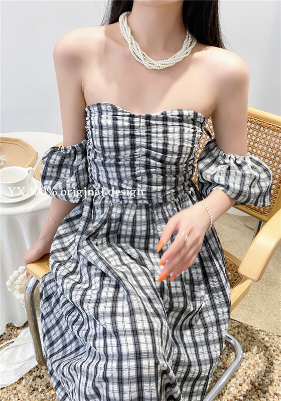 [YX] Plaid one-line collar dress (without necklace) 5388\zjy