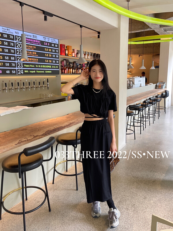 [033there] round neck crimp design hem lace up top + elastic waist skirt set 8211\lsl