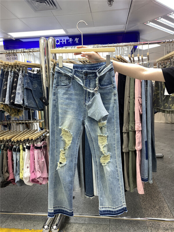 [TIMI] Vintage distressed jeans with panel design (with waist rope) 2100\lsw