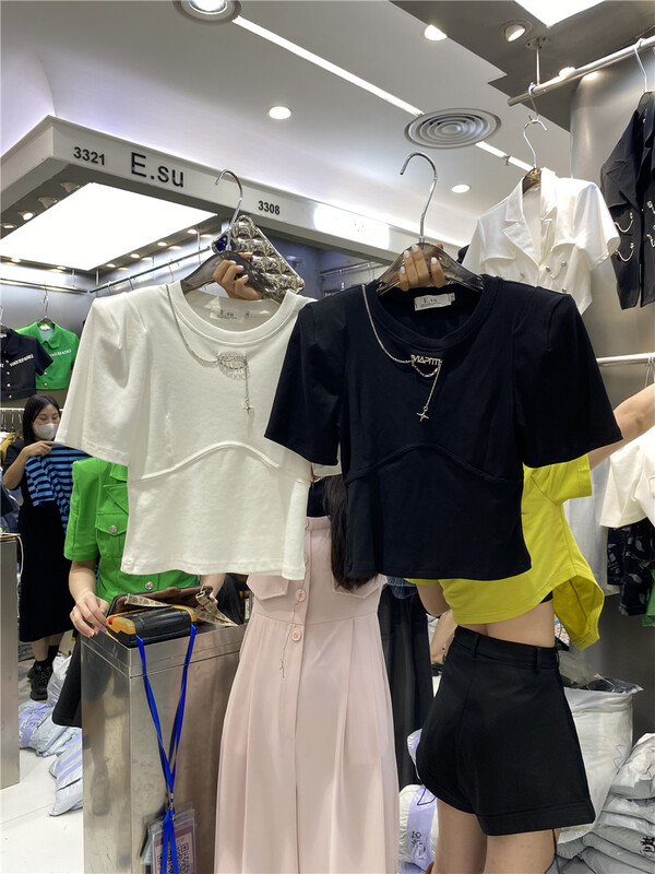 [ESU] chain design simple short sleeve T-shirt (with chain, not removable) 3844\ozq