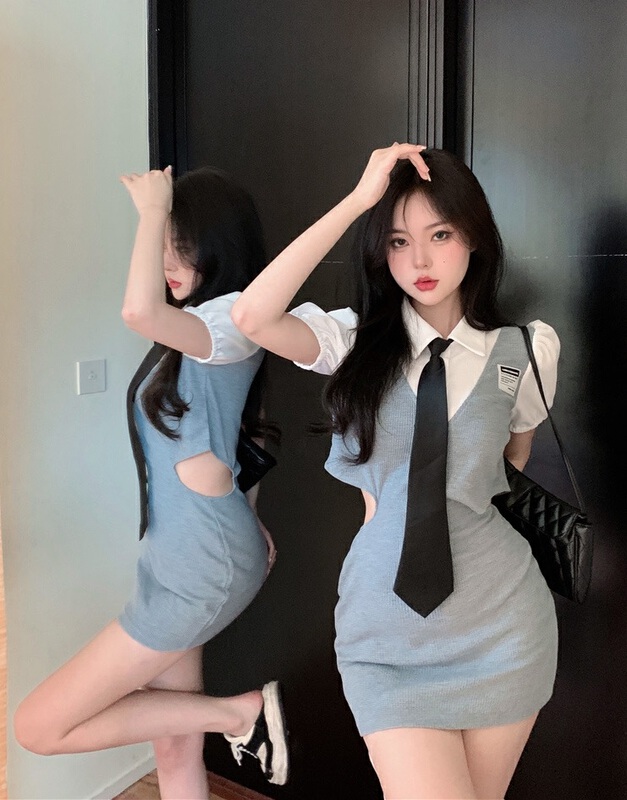 [fan fan] hot girls' open waist design Lapel bubble sleeve dress (with tie) 8007-1\jj