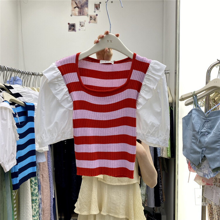 [y.x] bubble sleeve patchwork striped T-shirt 37335\hjy
