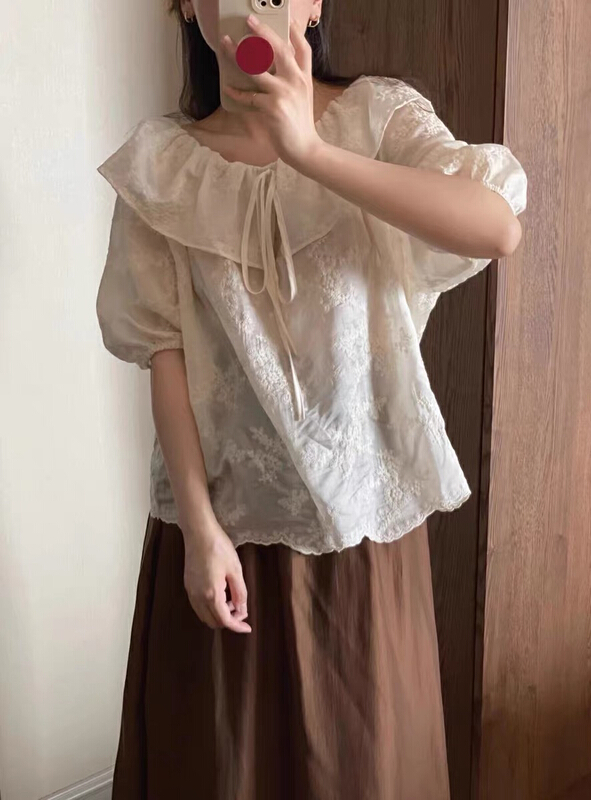 [U grain] Korean heavy industry embroidered Ruffle shirt 5960\hbx