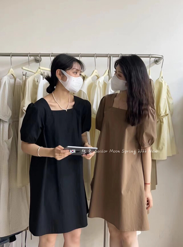 [imagine sailormoon] Korean French bubble sleeve simple square neck dress 88225-1\xyy