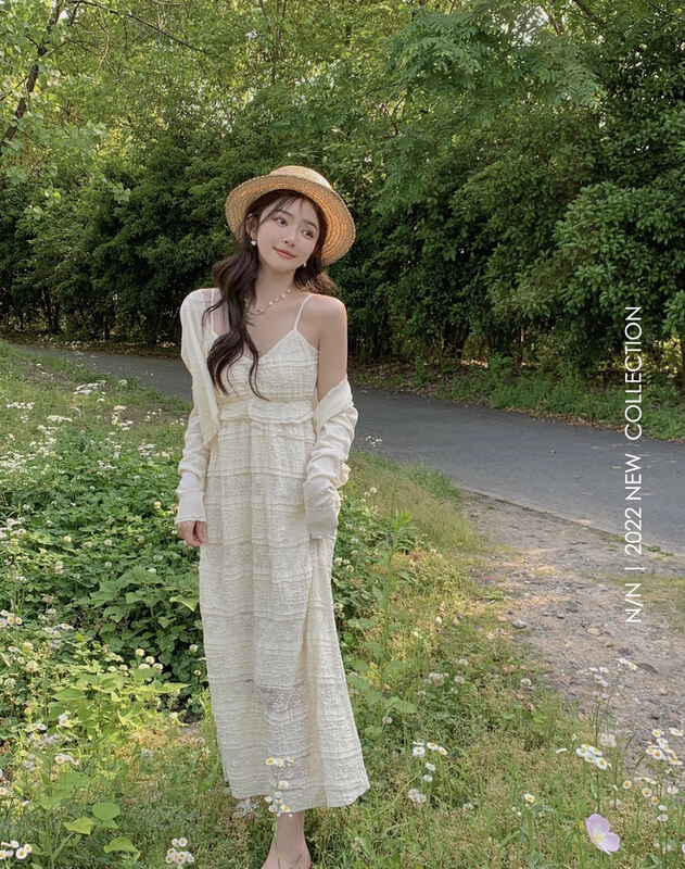 [Amanda] solid color short sunscreen cardigan + Lace suspender skirt two piece suit 9676\pcz