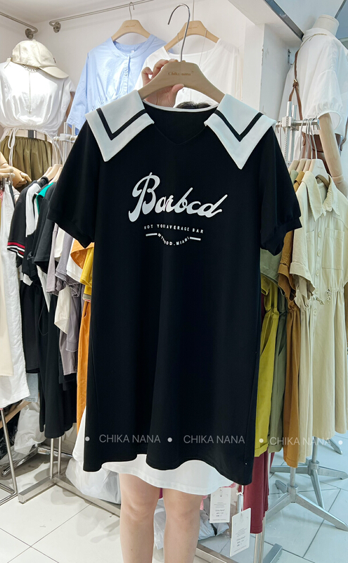 [chika.nana] versatile loose printed Navy collar women's gentle dress 1153\jj