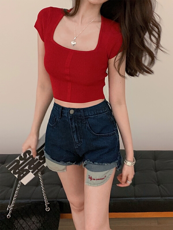 [x · h studio] French retro knitted square neck short sleeve T-shirt 3461\ozq