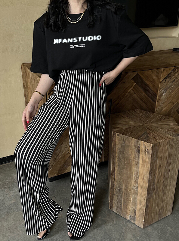[f (x)] Korean vertical stripe pleated straight casual pants k2316\ozq