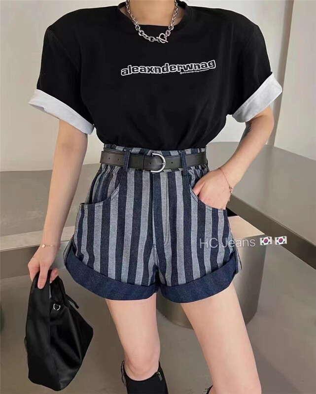 [Han Xier] Korean vertical stripe cuffed denim shorts (with belt) 2316\hbx
