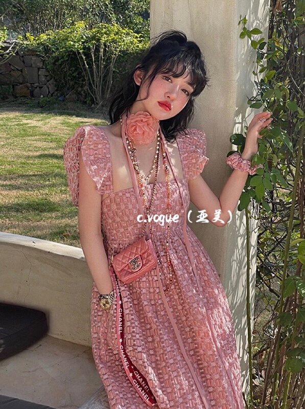 [Asian American clothing] French jacquard high sense flying sleeve dress (with hair circle) 3939\pcz