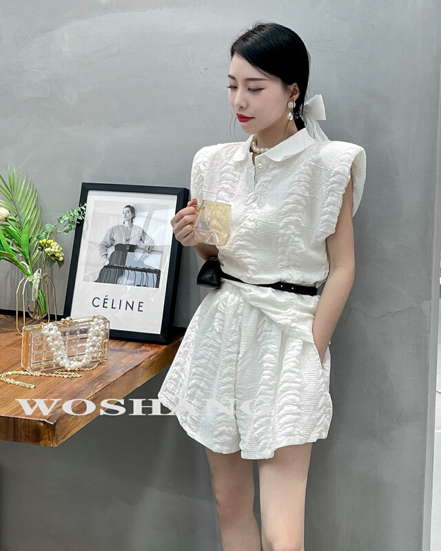[woshang vogue] design sense niche foreign style shirt + fashionable casual Shorts Set (with waist bag) 1338\xyj