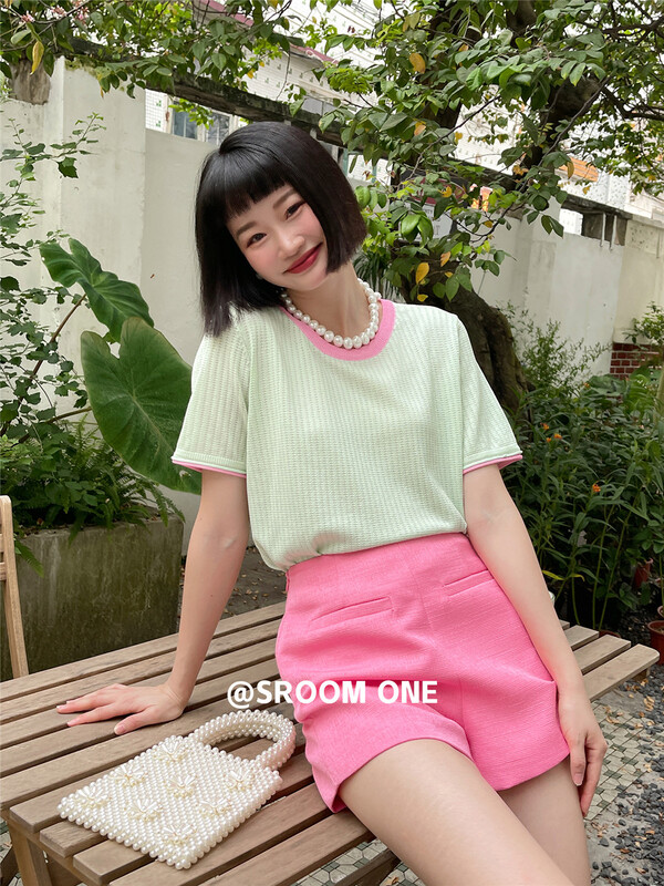 [s.room] round neck color blocking fashion T-shirt (excluding necklace) 7078\lsl