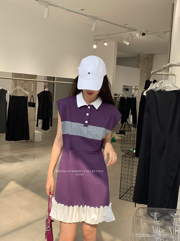 [neihe] sleeveless polo collar contrast mosaic dress 11573\jhy