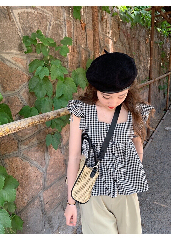 [x · h studio] Plaid square neck short sleeve shirt 518\ozq
