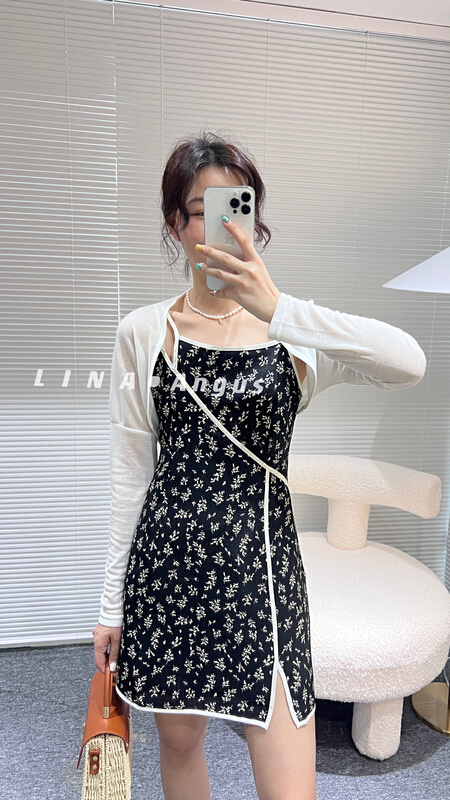 [Lina] lady style floral suspender dress + solid color versatile sunscreen shirt set 0201\hjy