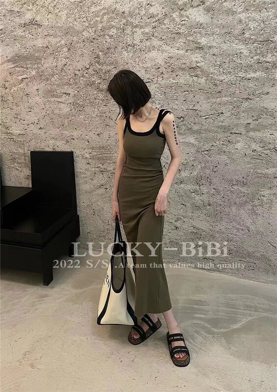 [Qian Jiao QIANJIAO] slim fitting color matching versatile Sling Dress 6981-1\pcz